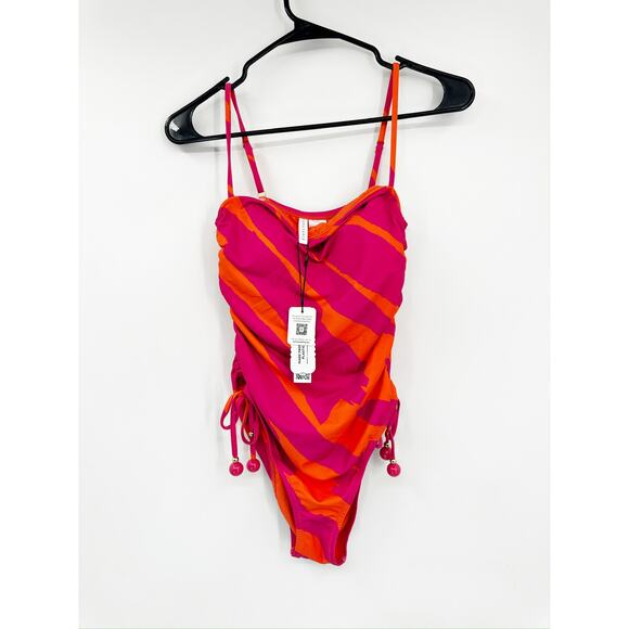 Sanctuary Pink Orange Bias Stripe Bandeau One Piece Swimsuit Size Small NWT - Picture 2 of 6